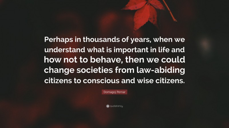Domagoj Pernar Quote: “Perhaps in thousands of years, when we understand what is important in life and how not to behave, then we could change societies from law-abiding citizens to conscious and wise citizens.”