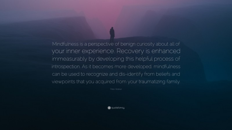 Pete Walker Quote: “Mindfulness is a perspective of benign curiosity about all of your inner experience. Recovery is enhanced immeasurably by developing this helpful process of introspection. As it becomes more developed, mindfulness can be used to recognize and dis-identify from beliefs and viewpoints that you acquired from your traumatizing family.”