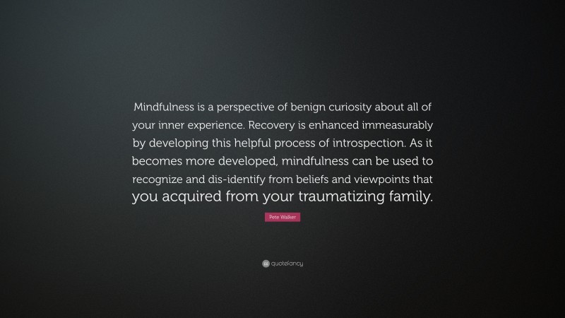 Pete Walker Quote: “Mindfulness is a perspective of benign curiosity about all of your inner experience. Recovery is enhanced immeasurably by developing this helpful process of introspection. As it becomes more developed, mindfulness can be used to recognize and dis-identify from beliefs and viewpoints that you acquired from your traumatizing family.”