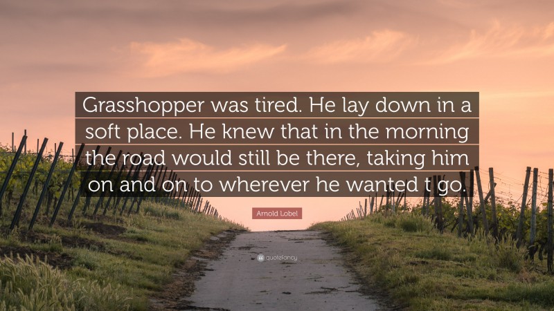 Arnold Lobel Quote: “Grasshopper was tired. He lay down in a soft place. He knew that in the morning the road would still be there, taking him on and on to wherever he wanted t go.”
