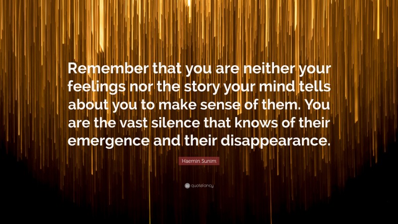 Haemin Sunim Quote: “Remember that you are neither your feelings nor the story your mind tells about you to make sense of them. You are the vast silence that knows of their emergence and their disappearance.”