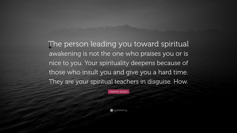 Haemin Sunim Quote: “The person leading you toward spiritual awakening is not the one who praises you or is nice to you. Your spirituality deepens because of those who insult you and give you a hard time. They are your spiritual teachers in disguise. How.”