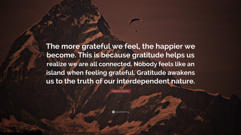 Haemin Sunim Quote: “The more grateful we feel, the happier we become. This is because gratitude helps us realize we are all connected. Nobody feels like an island when feeling grateful. Gratitude awakens us to the truth of our interdependent nature.”