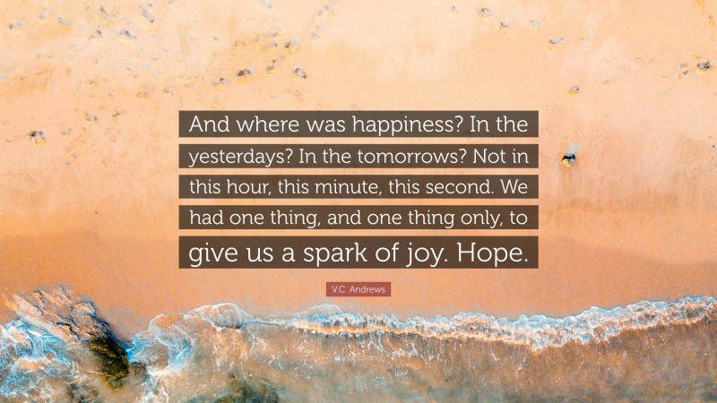 V.C. Andrews Quote: “And where was happiness? In the yesterdays? In the tomorrows? Not in this hour, this minute, this second. We had one thing, and one thing only, to give us a spark of joy. Hope.”