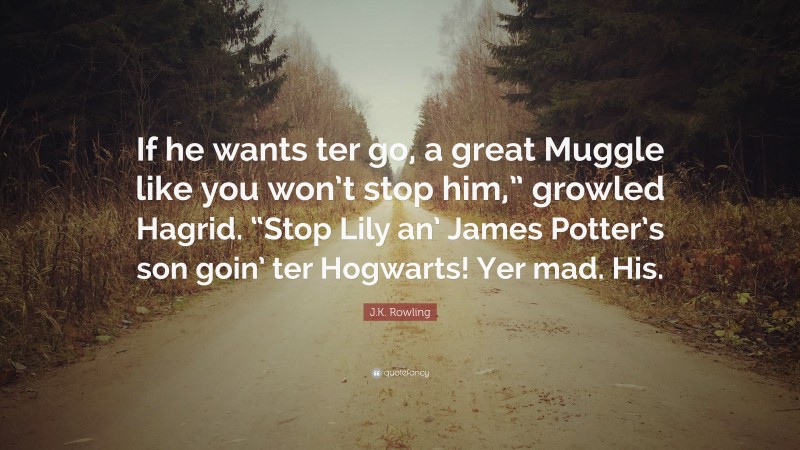 J.K. Rowling Quote: “If he wants ter go, a great Muggle like you won’t stop him,” growled Hagrid. “Stop Lily an’ James Potter’s son goin’ ter Hogwarts! Yer mad. His.”