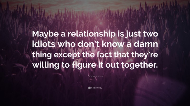 Anonymous Quote: “Maybe a relationship is just two idiots who don’t know a damn thing except the fact that they’re willing to figure it out together.”