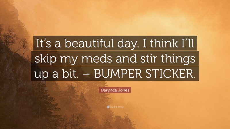 Darynda Jones Quote: “It’s a beautiful day. I think I’ll skip my meds and stir things up a bit. – BUMPER STICKER.”