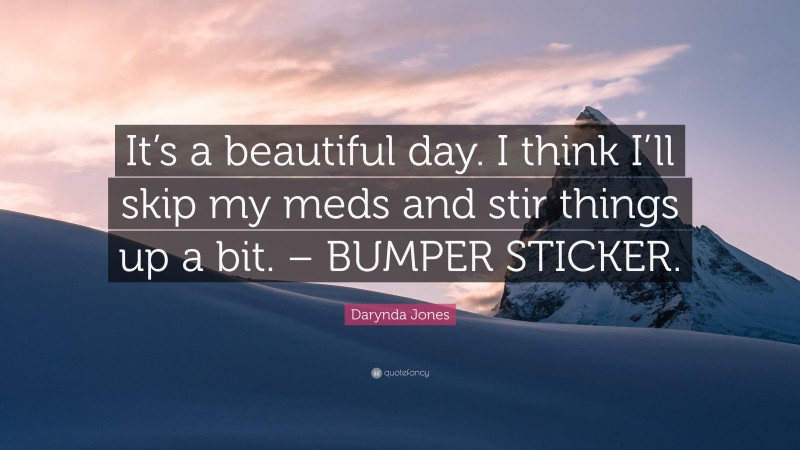 Darynda Jones Quote: “It’s a beautiful day. I think I’ll skip my meds and stir things up a bit. – BUMPER STICKER.”