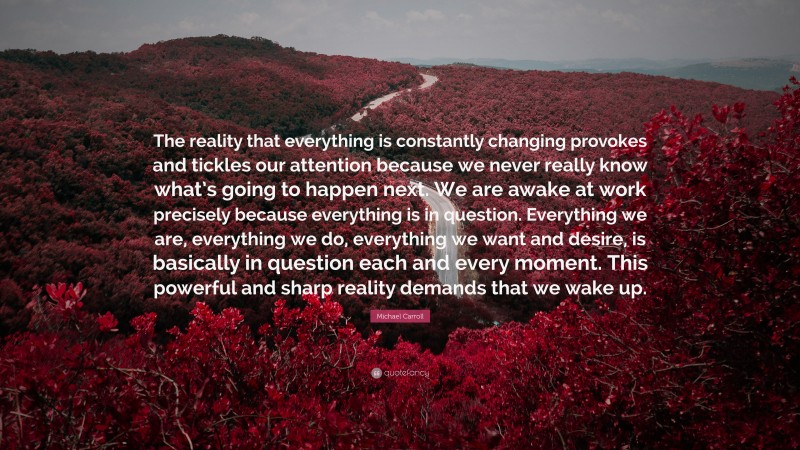Michael Carroll Quote: “The reality that everything is constantly changing provokes and tickles our attention because we never really know what’s going to happen next. We are awake at work precisely because everything is in question. Everything we are, everything we do, everything we want and desire, is basically in question each and every moment. This powerful and sharp reality demands that we wake up.”