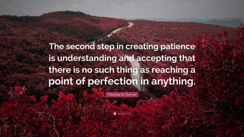 Thomas M. Sterner Quote: “The second step in creating patience is understanding and accepting that there is no such thing as reaching a point of perfection in anything.”