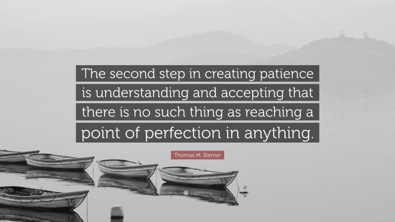 Thomas M. Sterner Quote: “The second step in creating patience is understanding and accepting that there is no such thing as reaching a point of perfection in anything.”