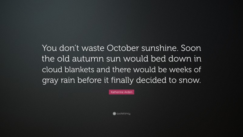Katherine Arden Quote: “You don’t waste October sunshine. Soon the old autumn sun would bed down in cloud blankets and there would be weeks of gray rain before it finally decided to snow.”