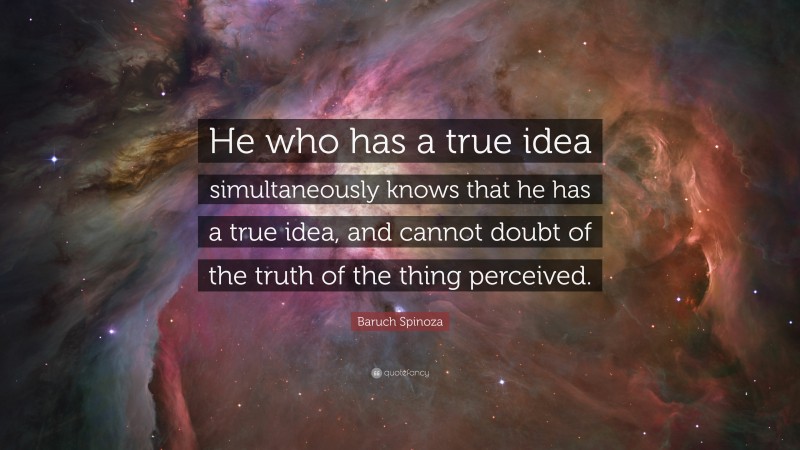 Baruch Spinoza Quote: “He who has a true idea simultaneously knows that he has a true idea, and cannot doubt of the truth of the thing perceived.”
