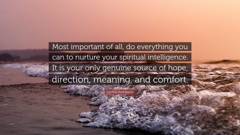 Cynthia Bourgeault Quote: “Most important of all, do everything you can to nurture your spiritual intelligence. It is your only genuine source of hope, direction, meaning, and comfort.”