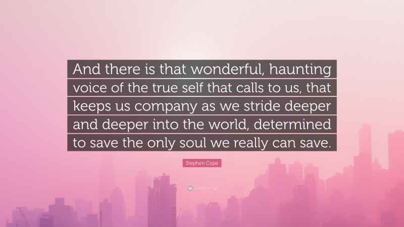Stephen Cope Quote: “And there is that wonderful, haunting voice of the true self that calls to us, that keeps us company as we stride deeper and deeper into the world, determined to save the only soul we really can save.”