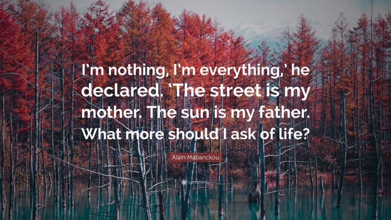 Alain Mabanckou Quote: “I’m nothing, I’m everything,’ he declared. ‘The street is my mother. The sun is my father. What more should I ask of life?”