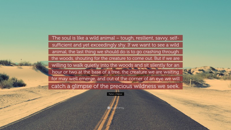 Parker J. Palmer Quote: “The soul is like a wild animal – tough, resilient, savvy, self-sufficient and yet exceedingly shy. If we want to see a wild animal, the last thing we should do is to go crashing through the woods, shouting for the creature to come out. But if we are willing to walk quietly into the woods and sit silently for an hour or two at the base of a tree, the creature we are waiting for may well emerge, and out of the corner of an eye we will catch a glimpse of the precious wildness we seek.”