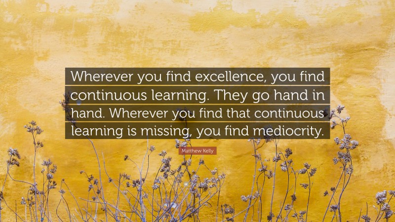 Matthew Kelly Quote: “Wherever you find excellence, you find continuous learning. They go hand in hand. Wherever you find that continuous learning is missing, you find mediocrity.”