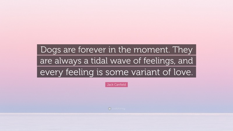 Jack Canfield Quote: “Dogs are forever in the moment. They are always a tidal wave of feelings, and every feeling is some variant of love.”