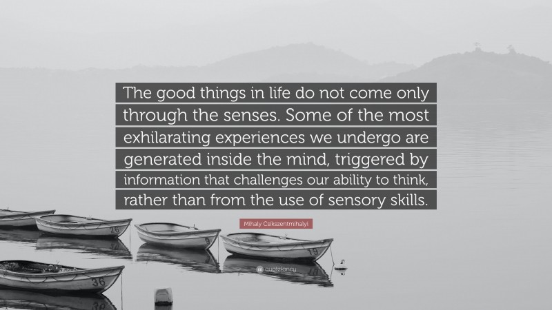 Mihaly Csikszentmihalyi Quote: “The good things in life do not come only through the senses. Some of the most exhilarating experiences we undergo are generated inside the mind, triggered by information that challenges our ability to think, rather than from the use of sensory skills.”