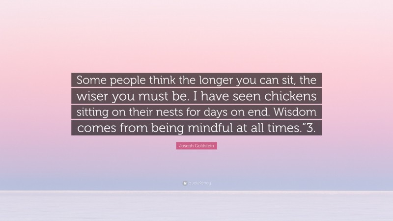 Joseph Goldstein Quote: “Some people think the longer you can sit, the wiser you must be. I have seen chickens sitting on their nests for days on end. Wisdom comes from being mindful at all times.”3.”