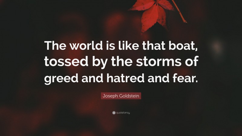 Joseph Goldstein Quote: “The world is like that boat, tossed by the storms of greed and hatred and fear.”