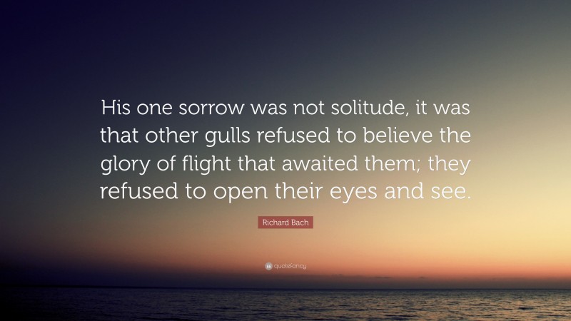 Richard Bach Quote: “His one sorrow was not solitude, it was that other gulls refused to believe the glory of flight that awaited them; they refused to open their eyes and see.”