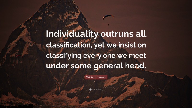 William James Quote: “Individuality outruns all classification, yet we insist on classifying every one we meet under some general head.”