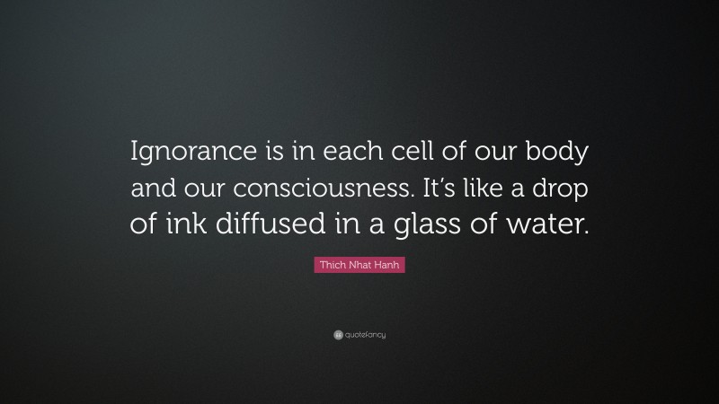 Thich Nhat Hanh Quote: “Ignorance is in each cell of our body and our consciousness. It’s like a drop of ink diffused in a glass of water.”