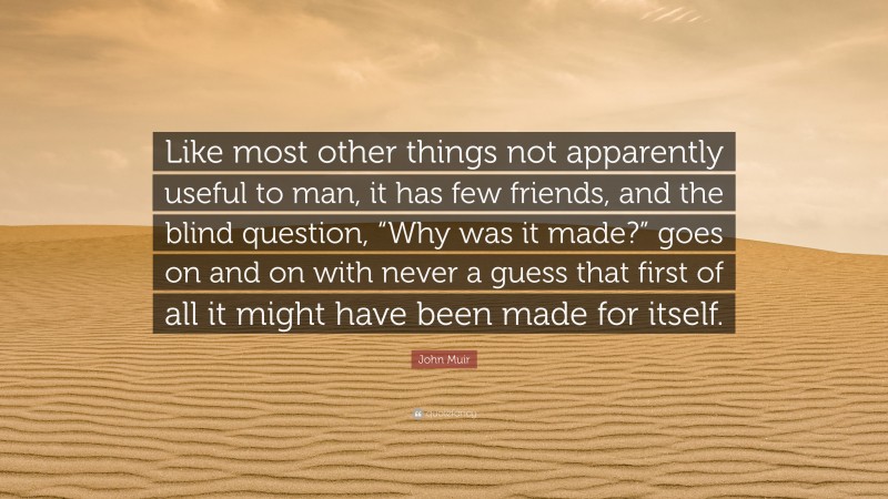 John Muir Quote: “Like most other things not apparently useful to man, it has few friends, and the blind question, “Why was it made?” goes on and on with never a guess that first of all it might have been made for itself.”