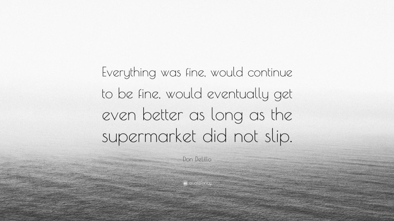 Don DeLillo Quote: “Everything was fine, would continue to be fine, would eventually get even better as long as the supermarket did not slip.”