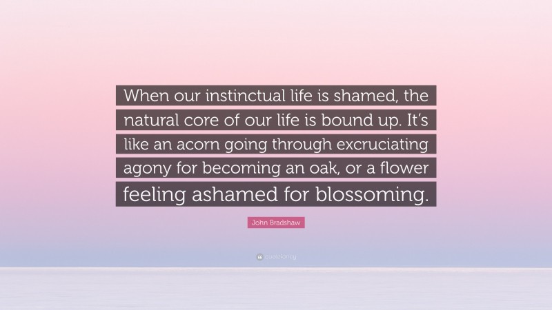 John Bradshaw Quote: “When our instinctual life is shamed, the natural core of our life is bound up. It’s like an acorn going through excruciating agony for becoming an oak, or a flower feeling ashamed for blossoming.”