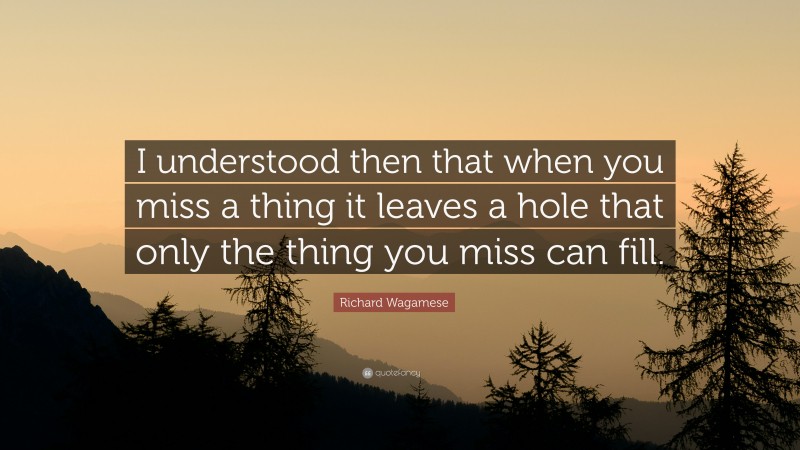Richard Wagamese Quote: “I understood then that when you miss a thing it leaves a hole that only the thing you miss can fill.”