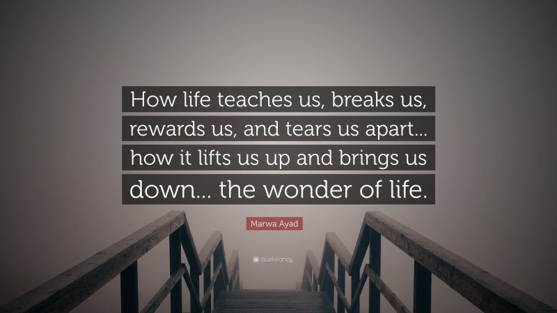 Marwa Ayad Quote: “How life teaches us, breaks us, rewards us, and tears us apart... how it lifts us up and brings us down... the wonder of life.”