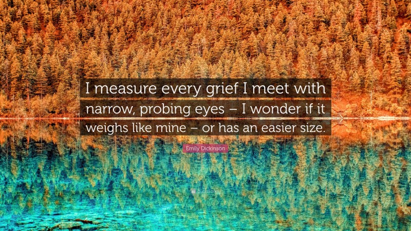 Emily Dickinson Quote: “I measure every grief I meet with narrow, probing eyes – I wonder if it weighs like mine – or has an easier size.”