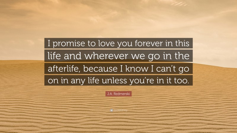 J.A. Redmerski Quote: “I promise to love you forever in this life and wherever we go in the afterlife, because I know I can’t go on in any life unless you’re in it too.”