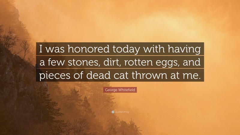 George Whitefield Quote: “I was honored today with having a few stones, dirt, rotten eggs, and pieces of dead cat thrown at me.”
