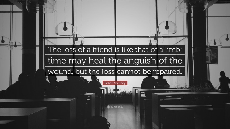 Robert Southey Quote: “The loss of a friend is like that of a limb; time may heal the anguish of the wound, but the loss cannot be repaired.”