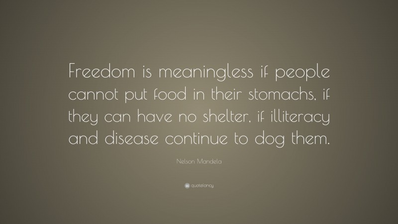 Nelson Mandela Quote: “Freedom is meaningless if people cannot put food in their stomachs, if they can have no shelter, if illiteracy and disease continue to dog them.”