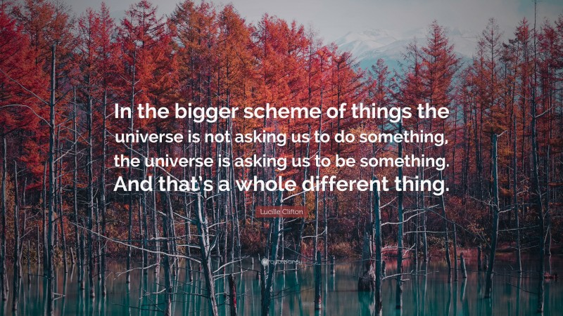 Lucille Clifton Quote: “In the bigger scheme of things the universe is not asking us to do something, the universe is asking us to be something. And that’s a whole different thing.”