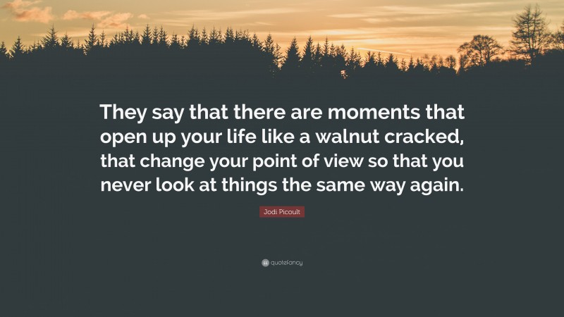 Jodi Picoult Quote: “They say that there are moments that open up your life like a walnut cracked, that change your point of view so that you never look at things the same way again.”