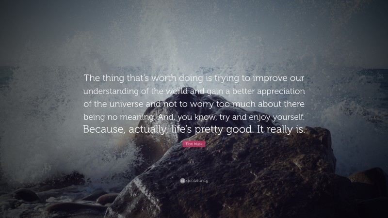 Elon Musk Quote: “The thing that’s worth doing is trying to improve our understanding of the world and gain a better appreciation of the universe and not to worry too much about there being no meaning. And, you know, try and enjoy yourself. Because, actually, life’s pretty good. It really is.”