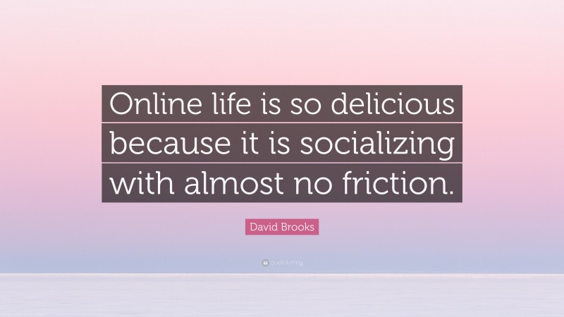 David Brooks Quote: “Online life is so delicious because it is socializing with almost no friction.”