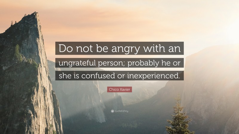 Chico Xavier Quote: “Do not be angry with an ungrateful person; probably he or she is confused or inexperienced.”