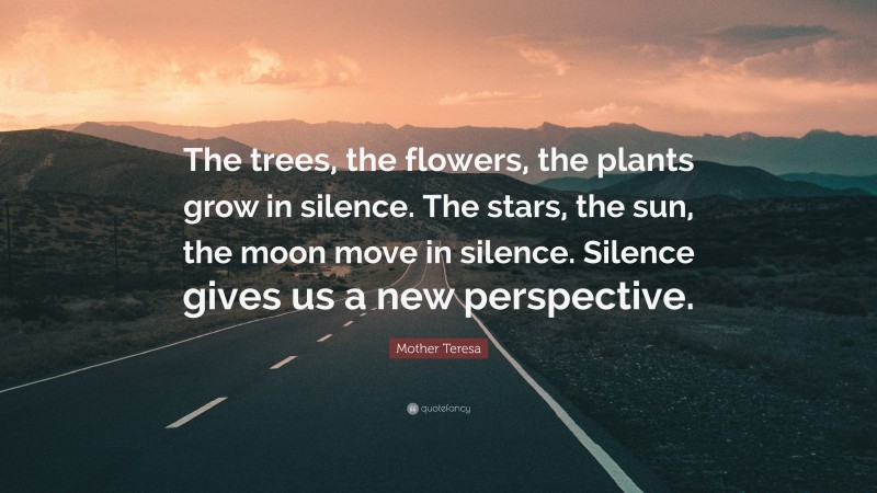 Mother Teresa Quote: “The trees, the flowers, the plants grow in silence. The stars, the sun, the moon move in silence. Silence gives us a new perspective.”