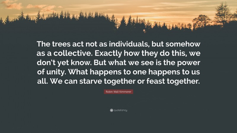 Robin Wall Kimmerer Quote: “The trees act not as individuals, but somehow as a collective. Exactly how they do this, we don’t yet know. But what we see is the power of unity. What happens to one happens to us all. We can starve together or feast together.”