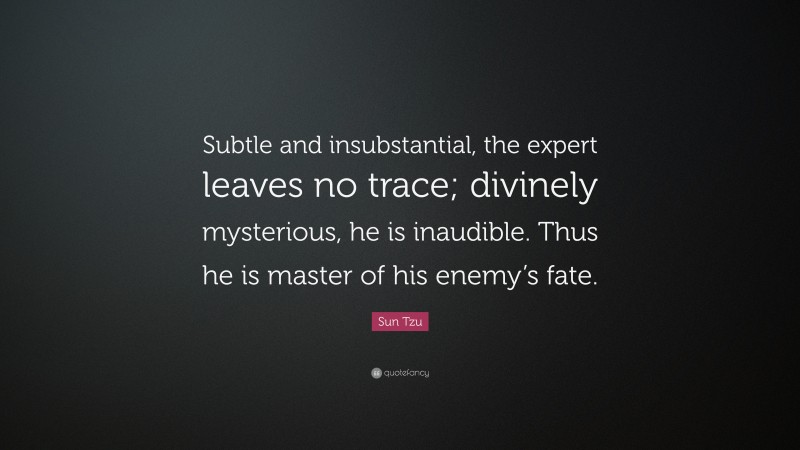 Sun Tzu Quote: “Subtle and insubstantial, the expert leaves no trace; divinely mysterious, he is inaudible. Thus he is master of his enemy’s fate.”