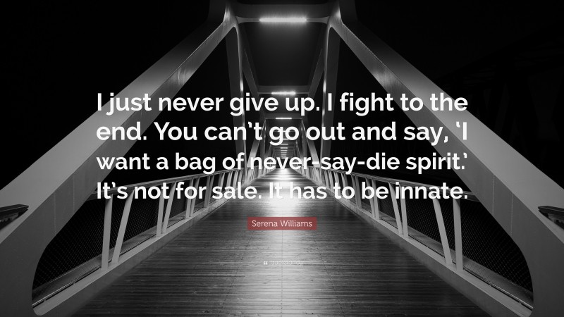 Serena Williams Quote: “I just never give up. I fight to the end. You can’t go out and say, ‘I want a bag of never-say-die spirit.’ It’s not for sale. It has to be innate.”