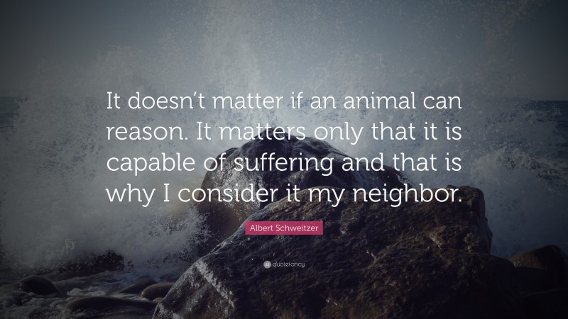 Albert Schweitzer Quote: “It doesn’t matter if an animal can reason. It matters only that it is capable of suffering and that is why I consider it my neighbor.”
