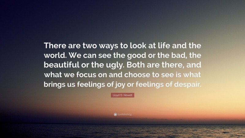 Lloyd D. Newell Quote: “There are two ways to look at life and the world. We can see the good or the bad, the beautiful or the ugly. Both are there, and what we focus on and choose to see is what brings us feelings of joy or feelings of despair.”